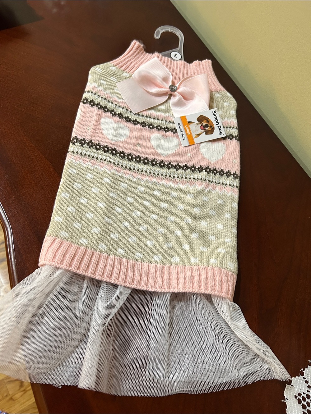 💕5/$15 Pink & Cream Heart Knit Dog Dress with Bow